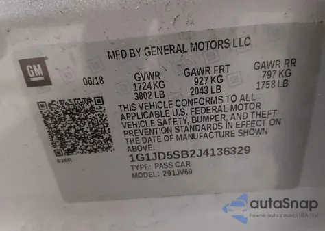 2018 Chevrolet Sonic Lt Auto from USA, damaged, VIN 1G1JD5SB2J4136329